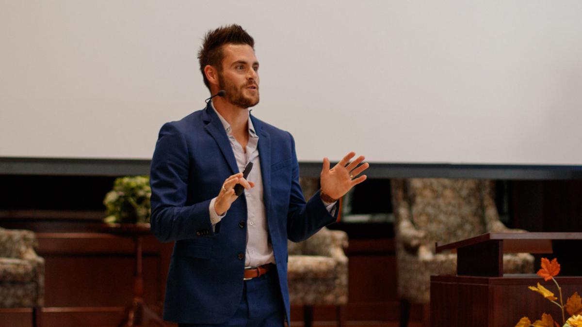 Photo of David Boudia speaking at the Men's Leadership Series