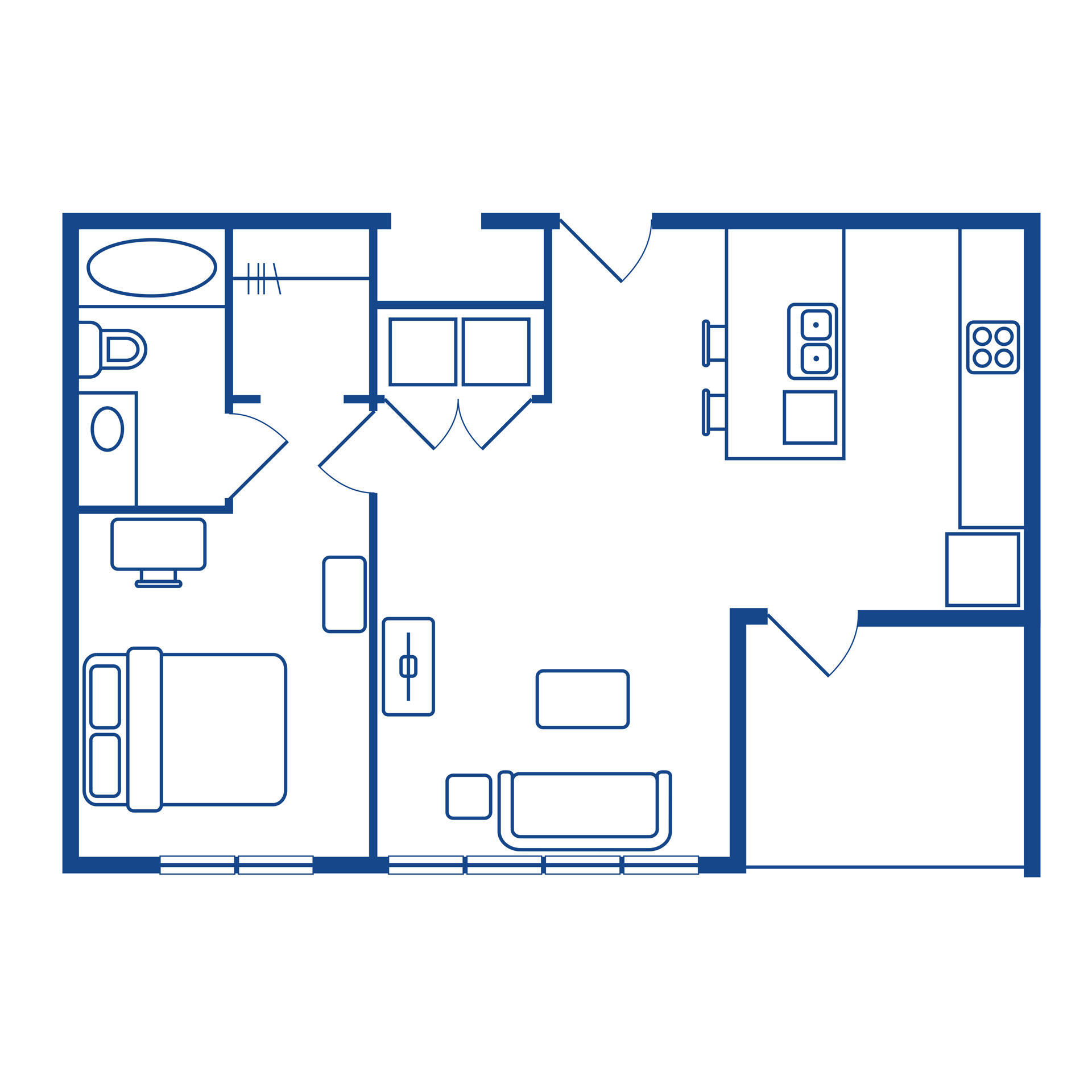 1 bedroom / 1 bath balcony floor plan