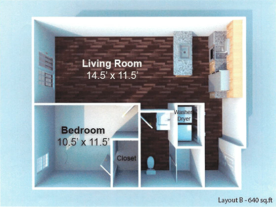 Two 30 One Flats - 1 Bedroom Floor Plan Illustration