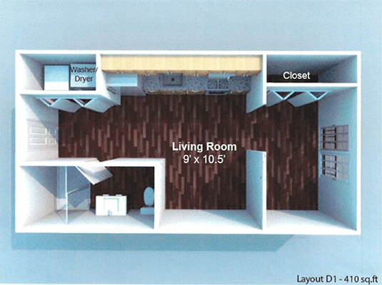 Two 30 One Flats - Studio D1 Floor Plan Illustration