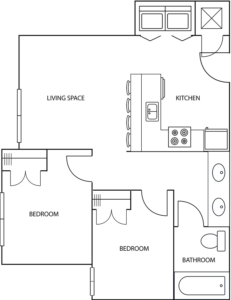Aspire Floorplan Layout Illustration - 2 Bedroom 1 Bath