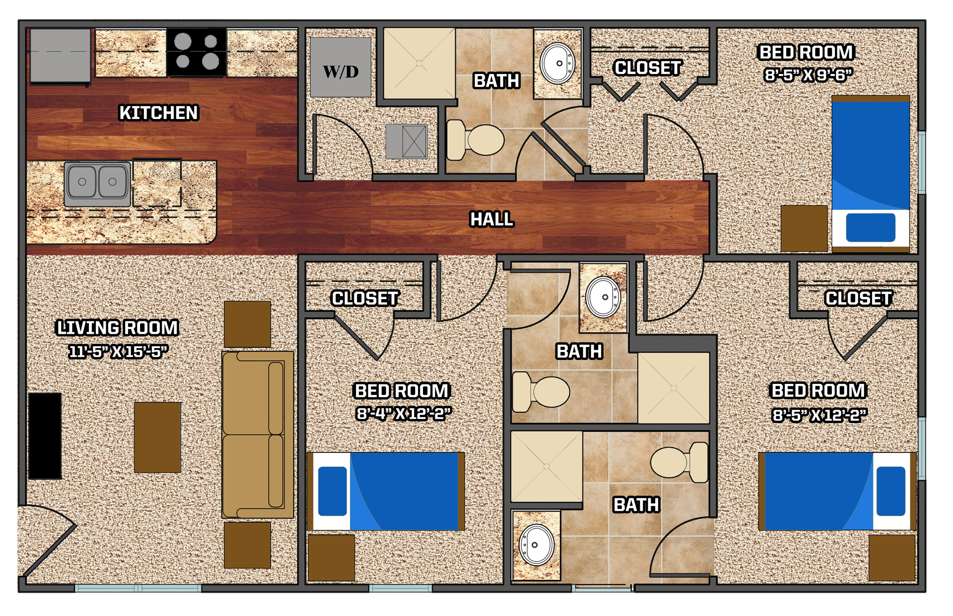 3 Bedroom 3 Bath Floor Plan Illustration